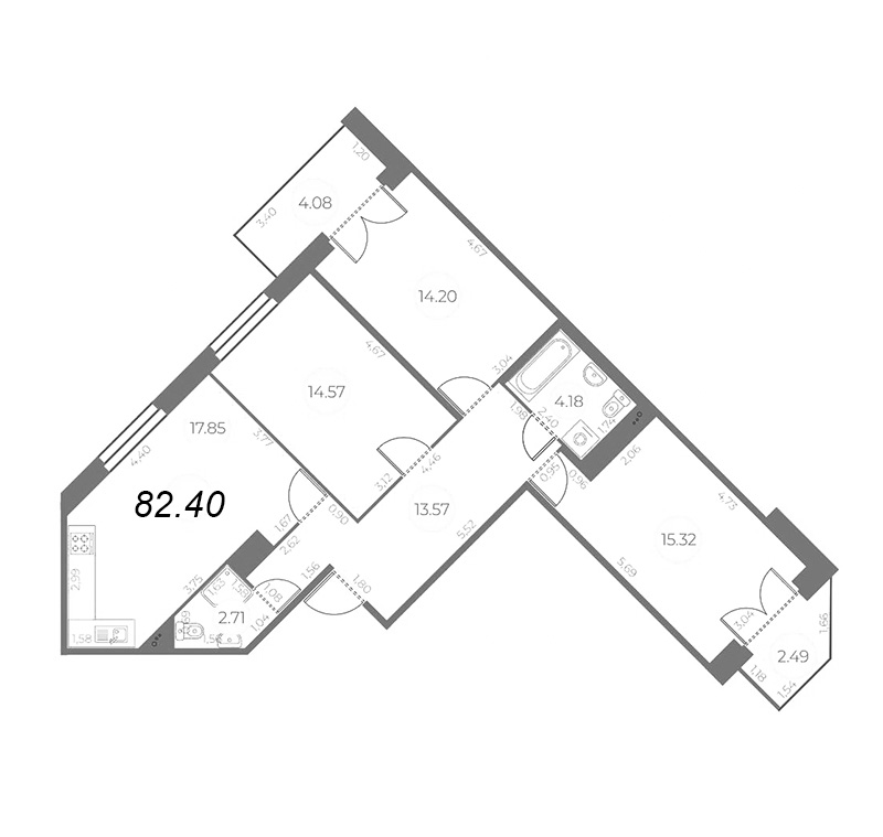 4-комнатная (Евро) квартира, 85.69 м² в ЖК "Огни Залива" - планировка, фото №1