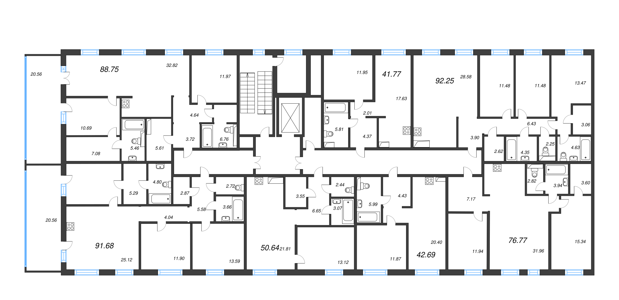 3-комнатная (Евро) квартира, 76.77 м² в ЖК "Черная речка, 41" - планировка этажа