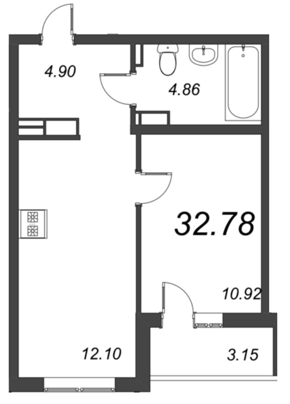 1-комнатная квартира, 32.78 м² - планировка, фото №1