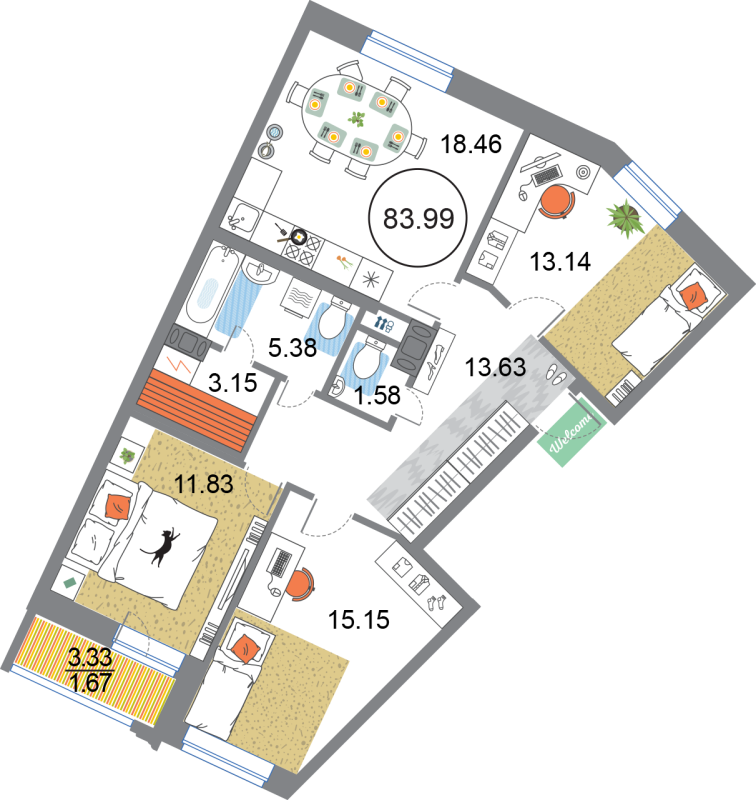 3-комнатная квартира, 83.99 м² в ЖК "Modum" - планировка, фото №1