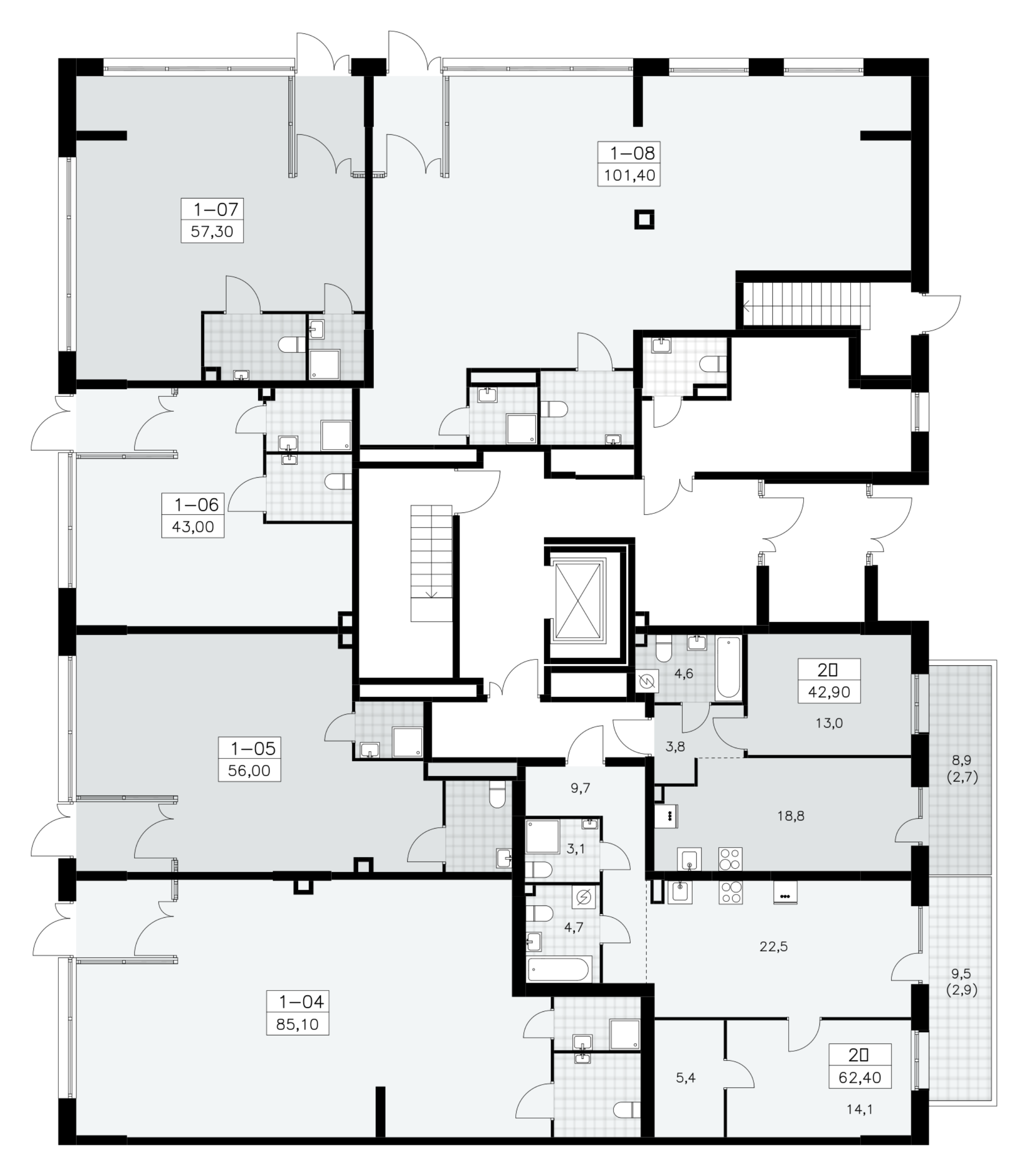4-комнатная (Евро) квартира, 62.4 м² в ЖК "А101 Лаголово" - планировка этажа