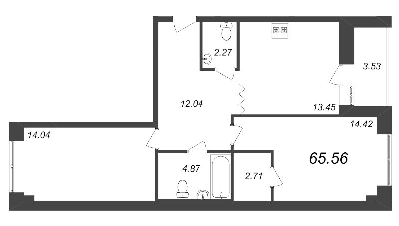 2-комнатная квартира, 65.56 м² в ЖК "Уютный" - планировка, фото №1