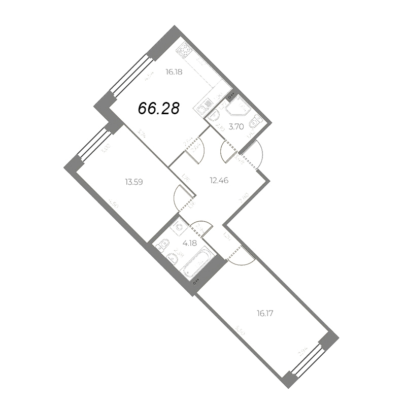 3-комнатная (Евро) квартира, 66.28 м² в ЖК "Огни Залива" - планировка, фото №1