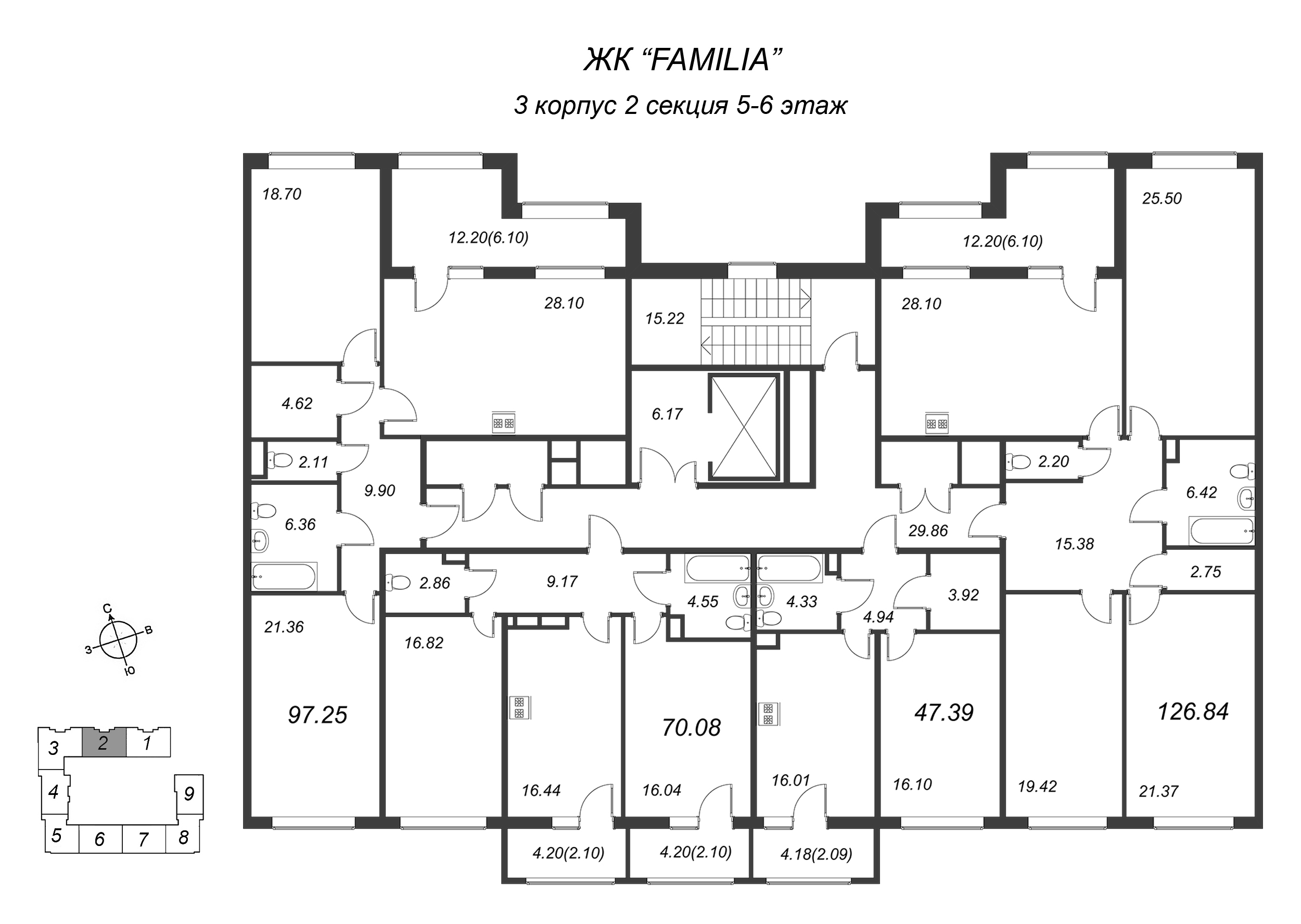 2-комнатная (Евро) квартира, 47.3 м² в ЖК "FAMILIA" - планировка этажа