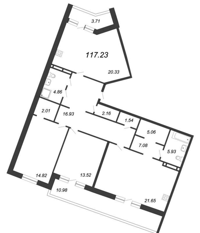 4-комнатная (Евро) квартира, 117.23 м² - планировка, фото №1