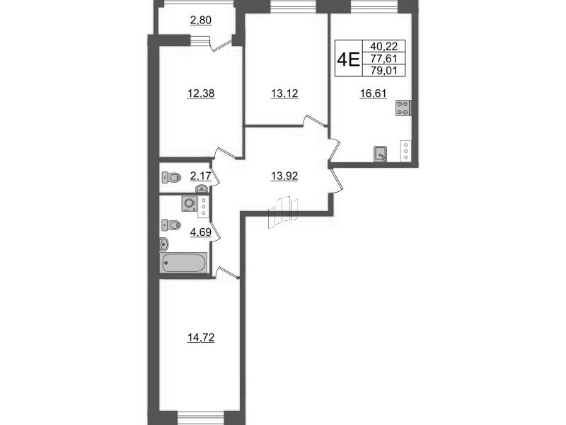 4-комнатная (Евро) квартира, 79.01 м² в ЖК "Аквилон Leaves" - планировка, фото №1