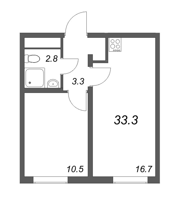 2-комнатная (Евро) квартира, 33.3 м² в ЖК "Октябрьская набережная" - планировка, фото №1