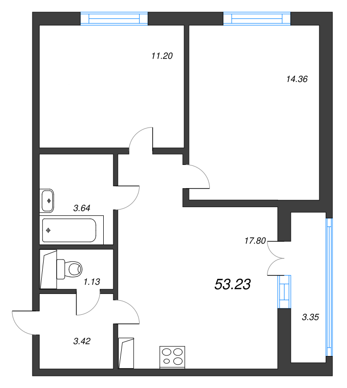 3-комнатная (Евро) квартира, 53.23 м² в ЖК "AEROCITY" - планировка, фото №1