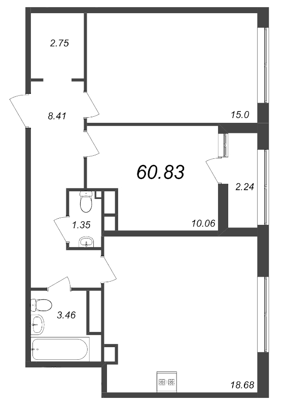 3-комнатная (Евро) квартира, 60.83 м² в ЖК "Академик" - планировка, фото №1