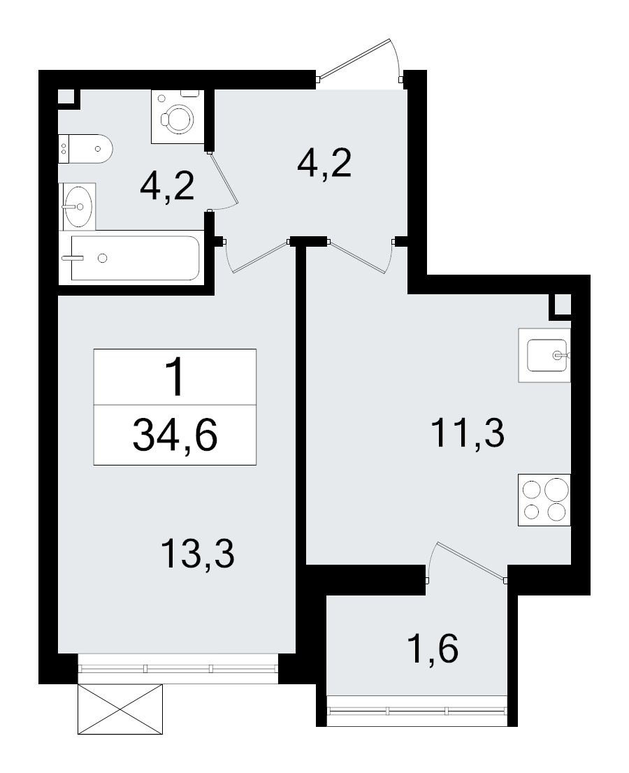 1-комнатная квартира, 34.6 м² в ЖК "А101 Всеволожск" - планировка, фото №1