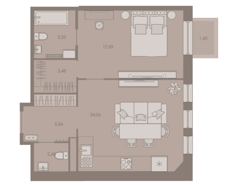 2-комнатная (Евро) квартира, 59.9 м² в ЖК "Северная корона" - планировка, фото №1