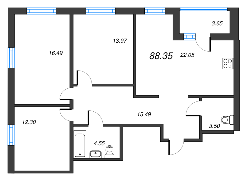 4-комнатная (Евро) квартира, 88.35 м² в ЖК "Город Первых" - планировка, фото №1