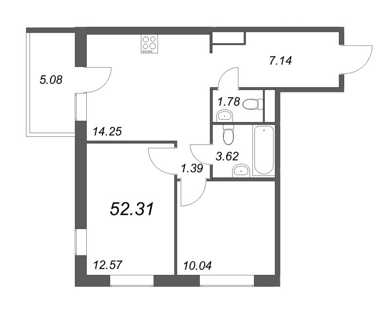2-комнатная квартира, 52.41 м² в ЖК "IQ Гатчина" - планировка, фото №1