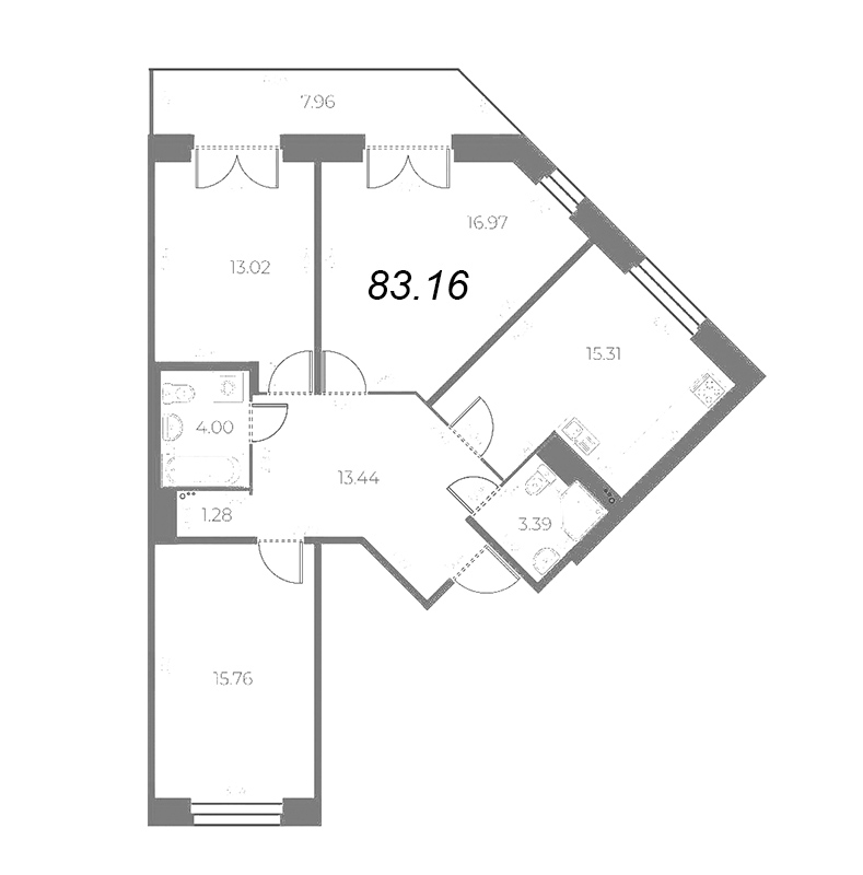 4-комнатная (Евро) квартира, 85.55 м² в ЖК "Огни Залива" - планировка, фото №1