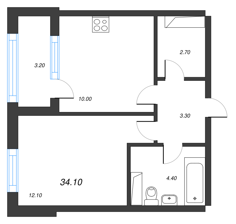 1-комнатная квартира, 34.1 м² в ЖК "Тайм Сквер" - планировка, фото №1