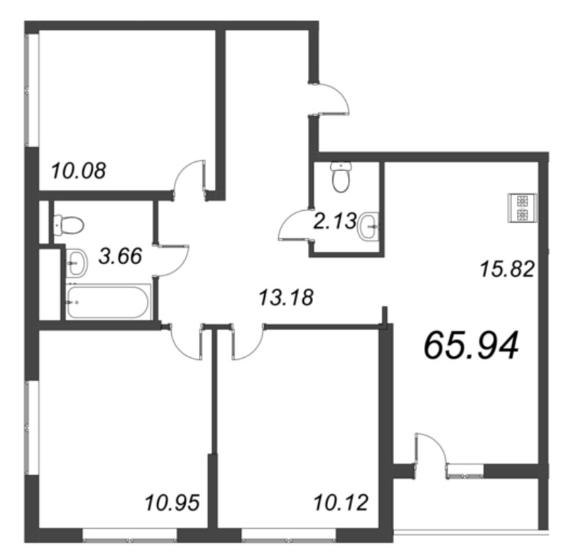 4-комнатная (Евро) квартира, 65.94 м² в ЖК "Parkolovo" - планировка, фото №1