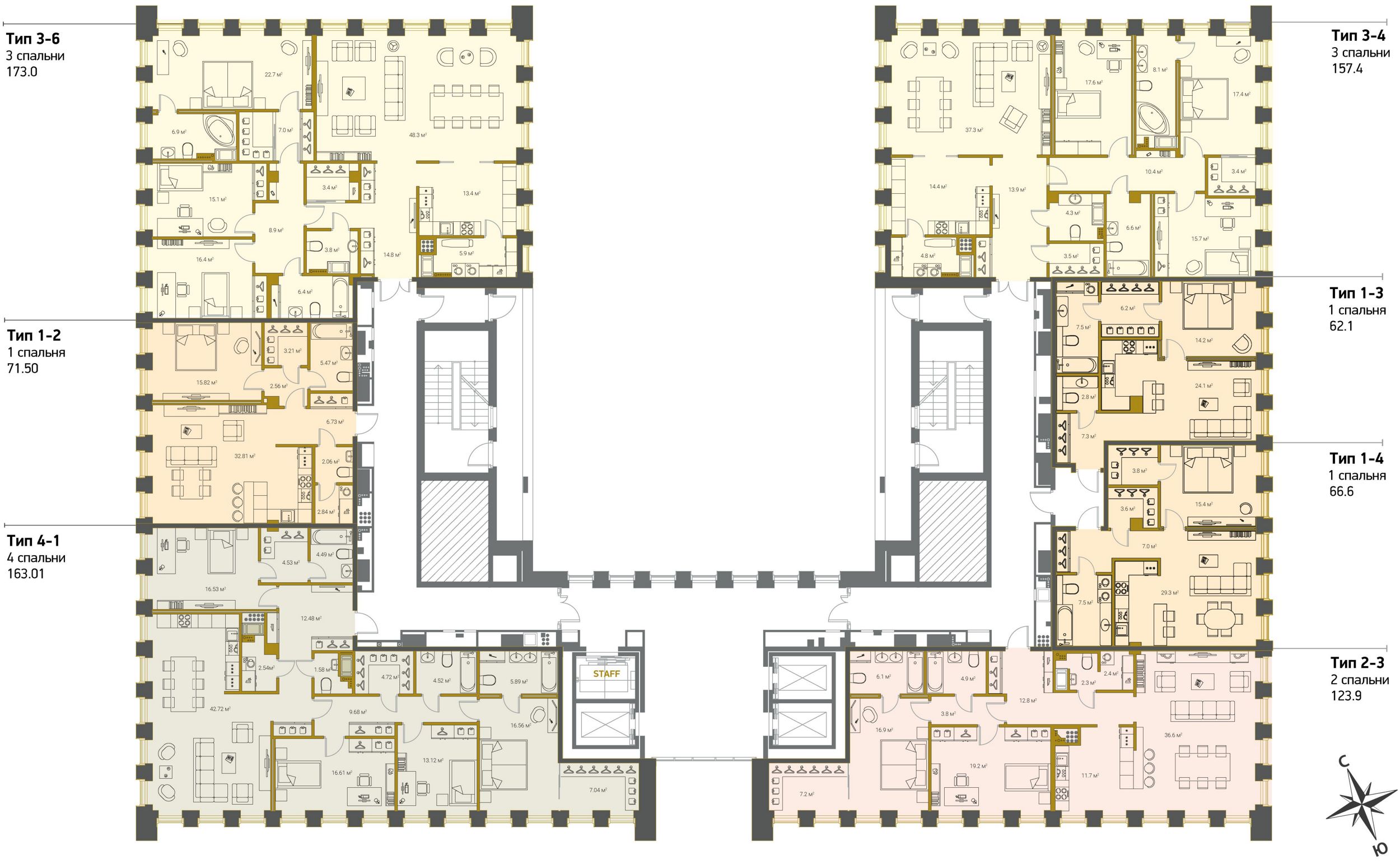 4-комнатная (Евро) квартира, 157.4 м² в ЖК "Legenda Premium Институтский, 16" - планировка этажа