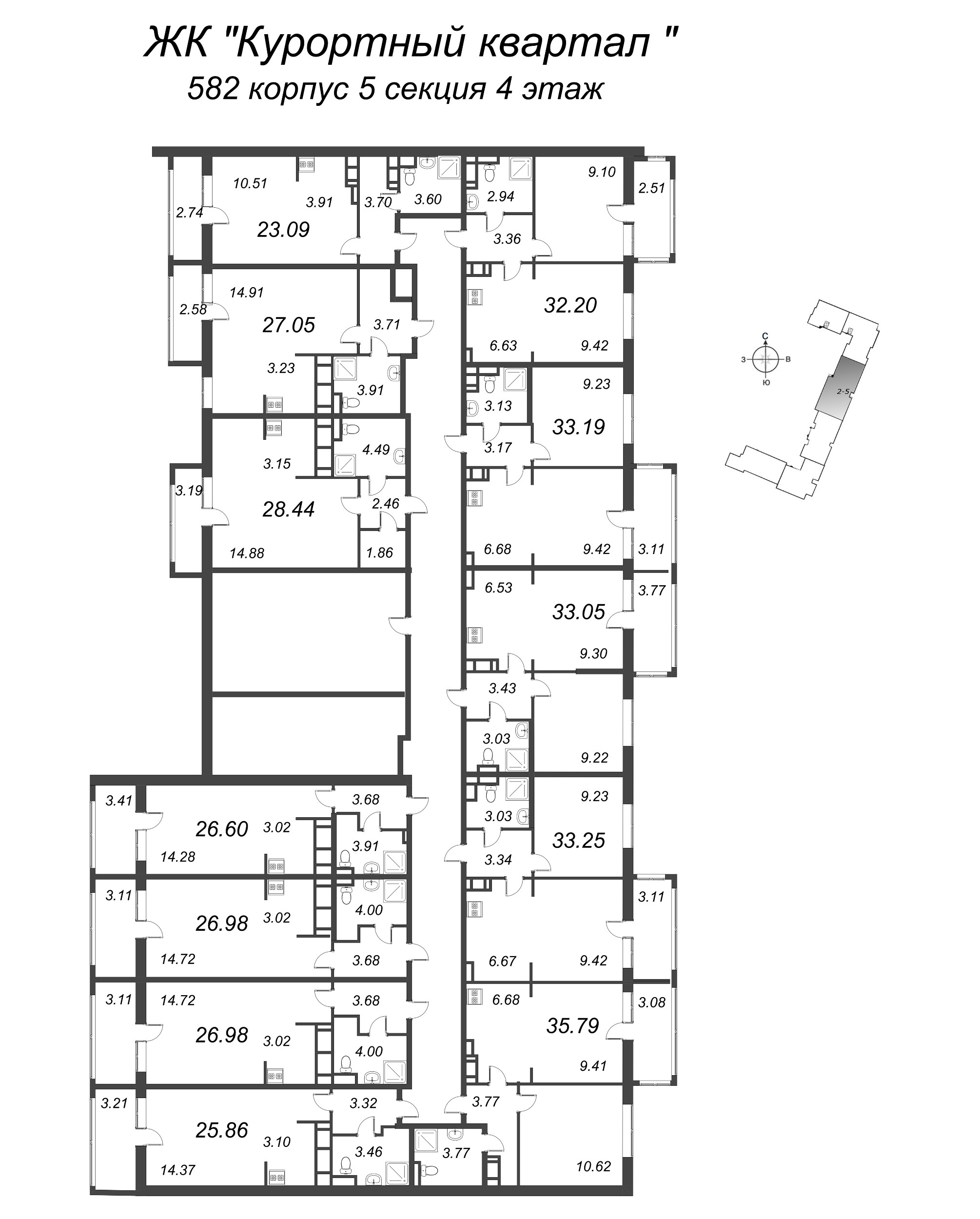 Квартира-студия, 26.6 м² в ЖК "Курортный Квартал" - планировка этажа