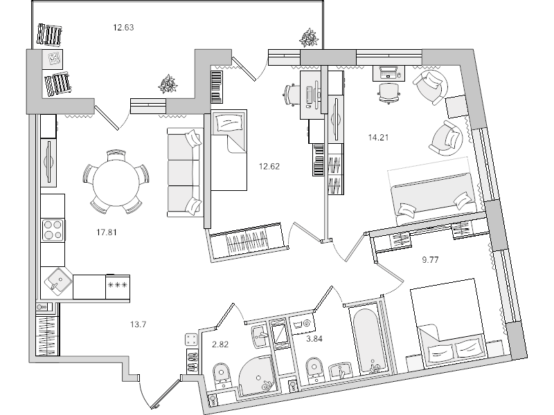 4-комнатная (Евро) квартира, 74.77 м² в ЖК "Город Первых" - планировка, фото №1