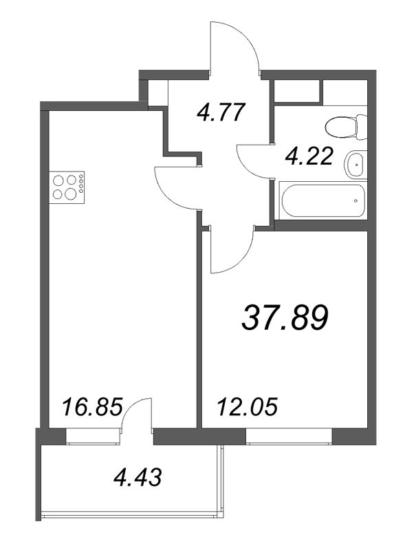 2-комнатная (Евро) квартира, 37.89 м² - планировка, фото №1