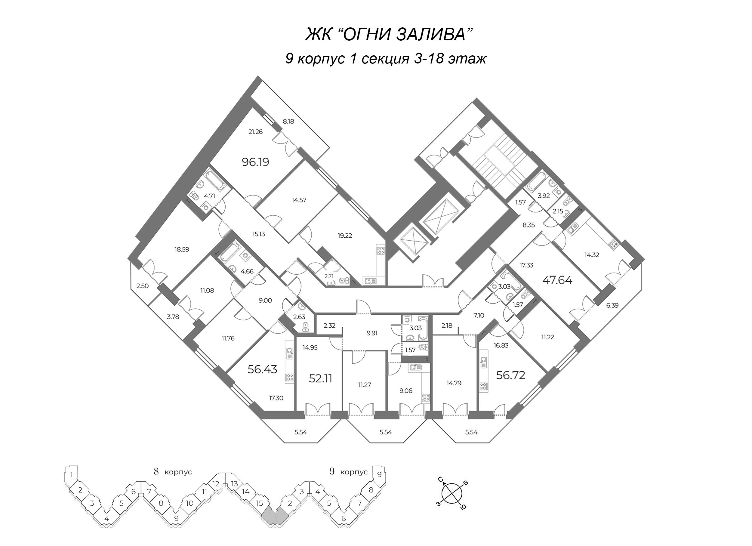 3-комнатная (Евро) квартира, 58.32 м² в ЖК "Огни Залива" - планировка этажа