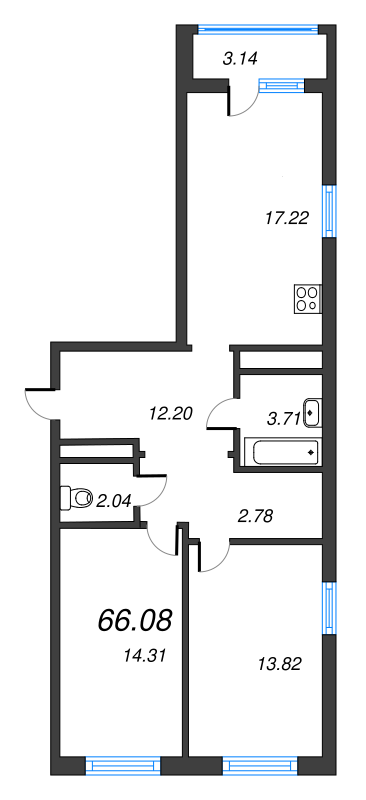 3-комнатная (Евро) квартира, 66.08 м² в ЖК "Город Первых" - планировка, фото №1