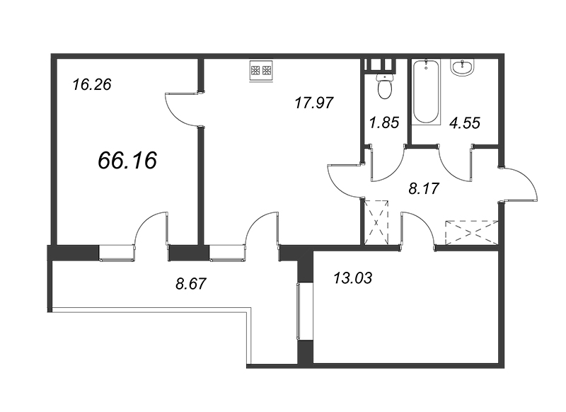 2-комнатная квартира, 61.83 м² - планировка, фото №1
