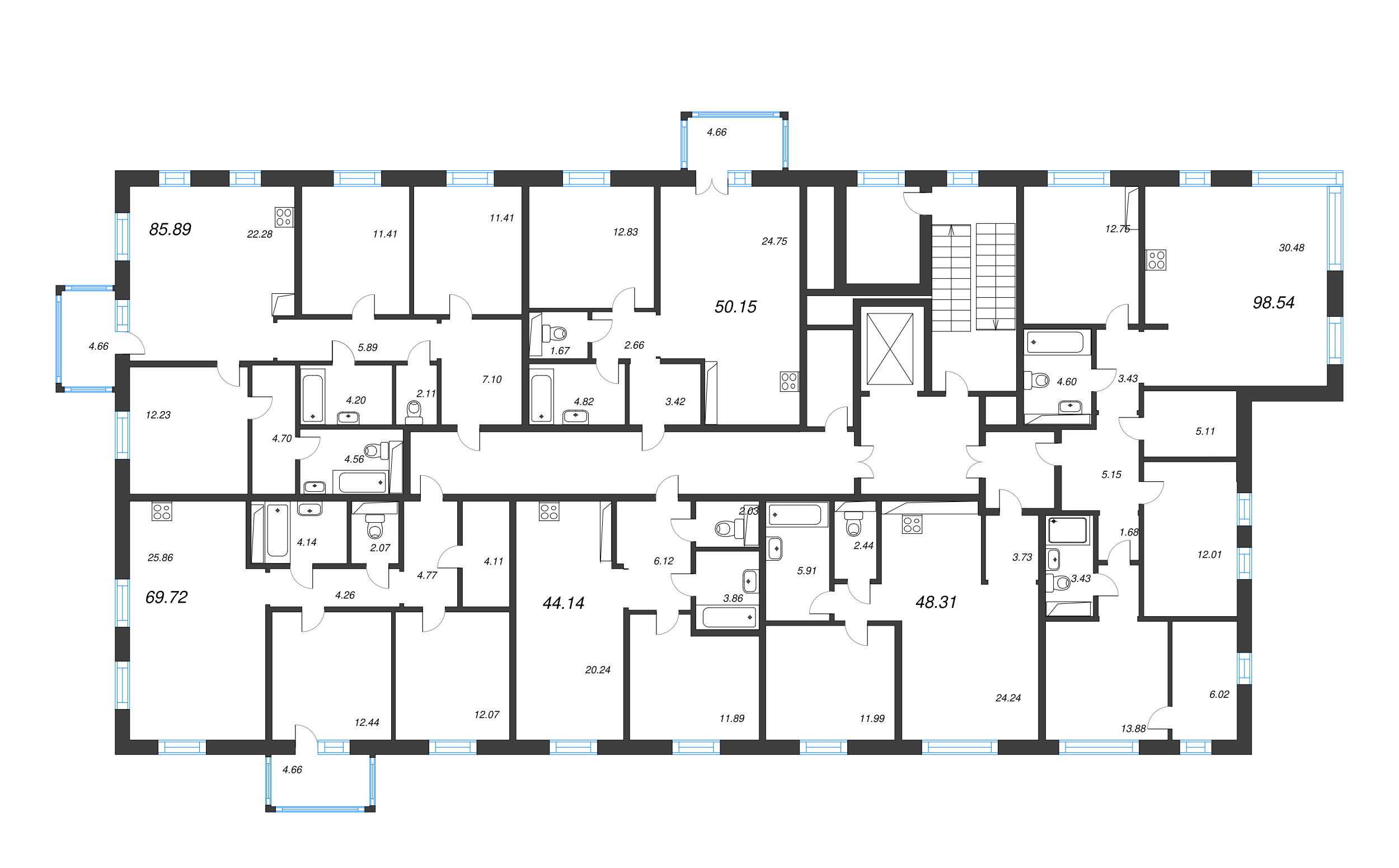 4-комнатная (Евро) квартира, 98.54 м² в ЖК "Черная речка, 41" - планировка этажа