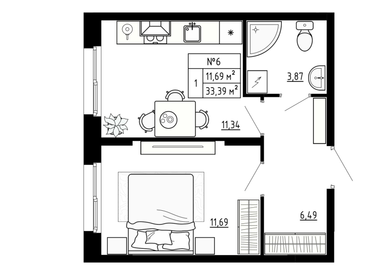 1-комнатная квартира, 33.39 м² - планировка, фото №1