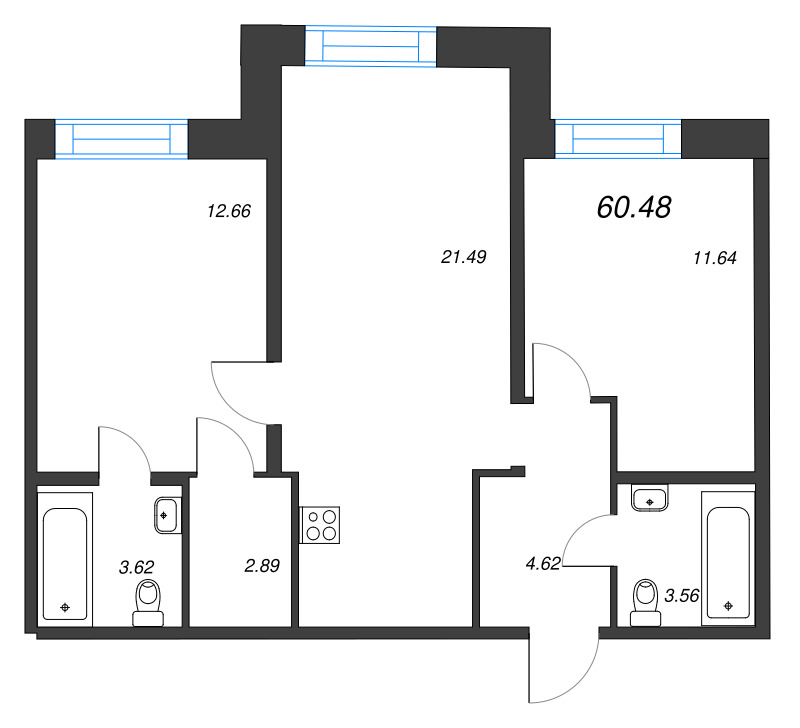 3-комнатная (Евро) квартира, 60.48 м² в ЖК "Alpen" - планировка, фото №1