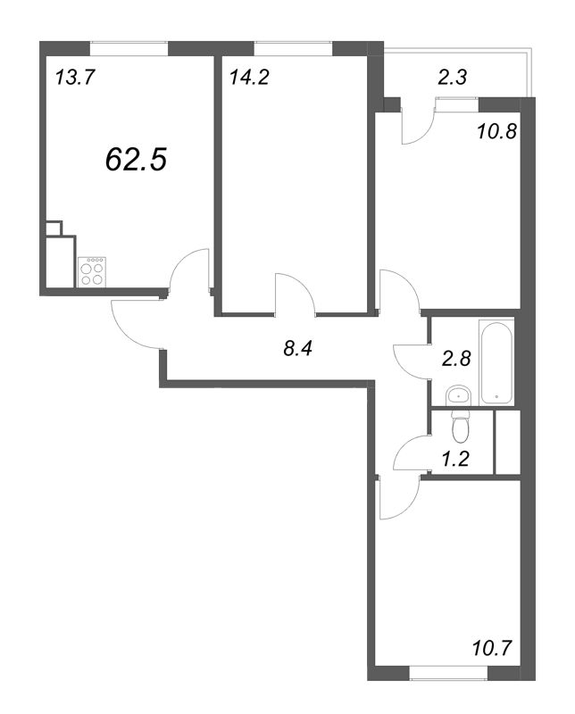 3-комнатная квартира, 62.5 м² - планировка, фото №1