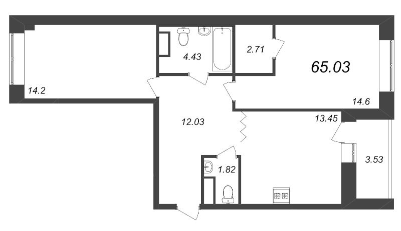 2-комнатная квартира, 65.03 м² в ЖК "Уютный" - планировка, фото №1