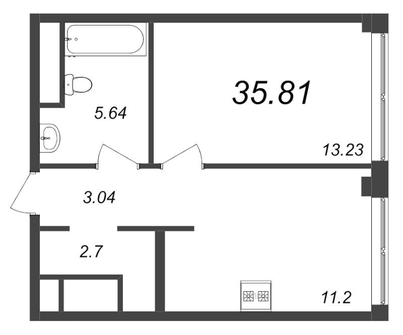 1-комнатная квартира, 35.81 м² в ЖК "GloraX Premium Василеостровский" - планировка, фото №1