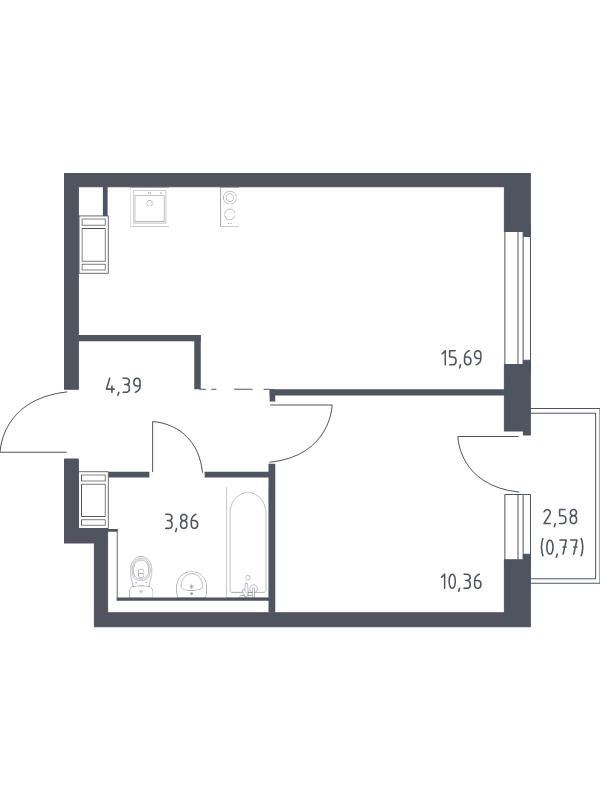 2-комнатная (Евро) квартира, 35.07 м² в ЖК "Квартал Торики" - планировка, фото №1