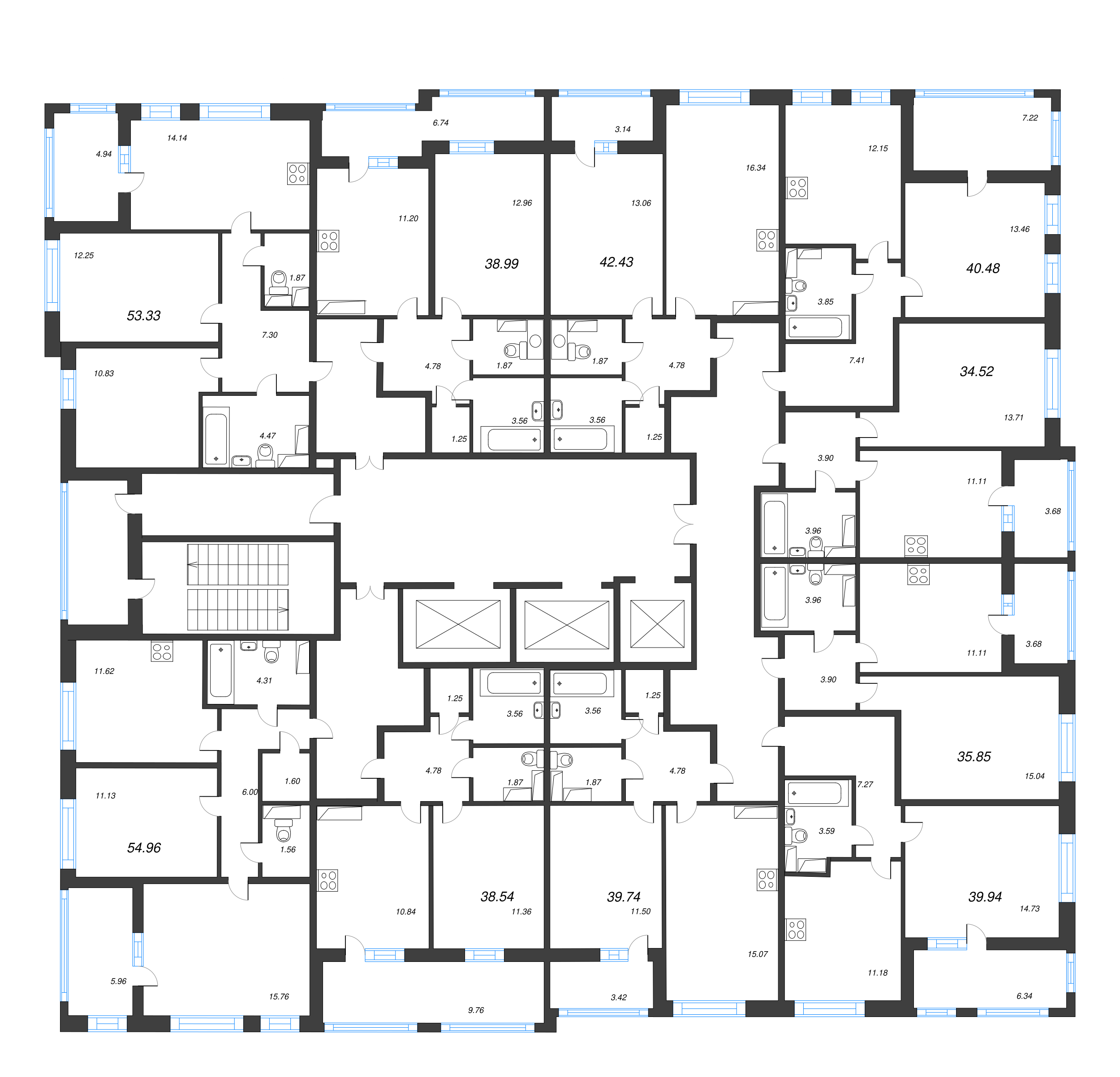 1-комнатная квартира, 38.54 м² в ЖК "Cube" - планировка этажа
