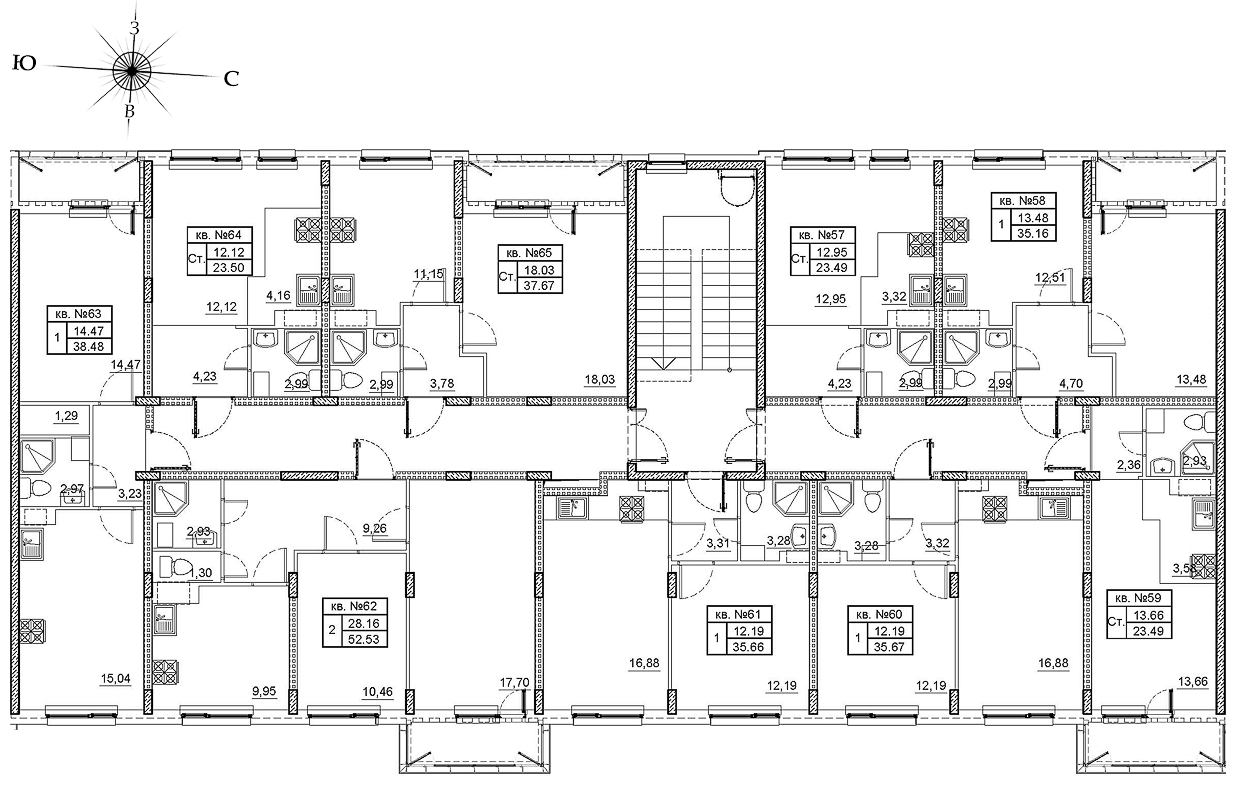 2-комнатная квартира, 52.4 м² в ЖК "Верево Сити" - планировка этажа