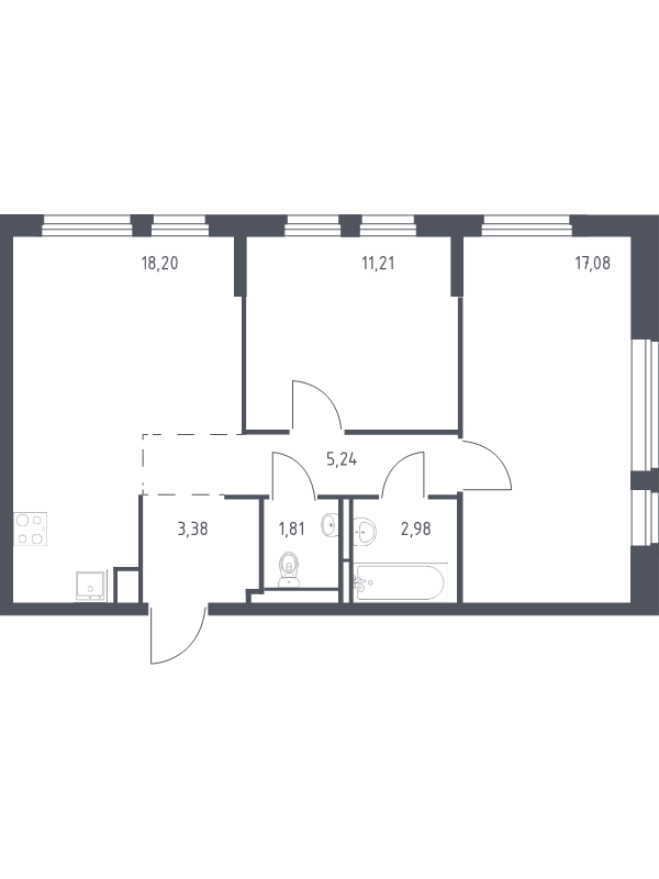 3-комнатная (Евро) квартира, 59.9 м² - планировка, фото №1