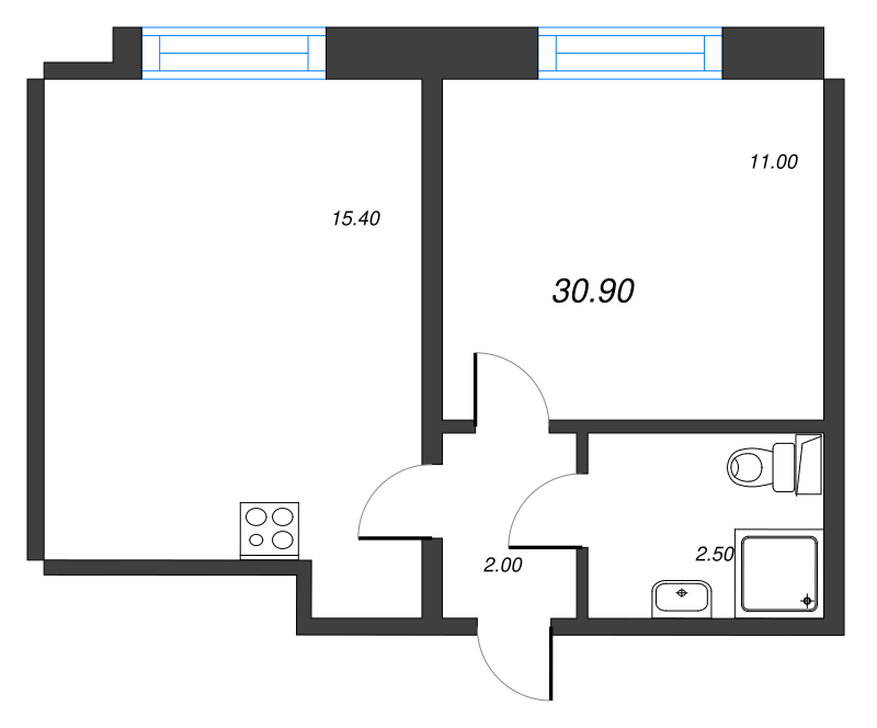 2-комнатная (Евро) квартира, 30.9 м² - планировка, фото №1