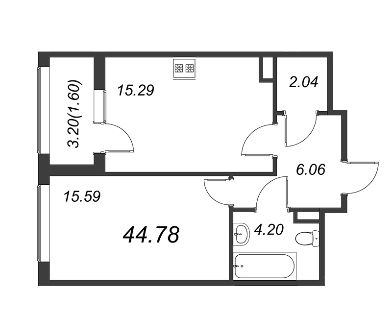 2-комнатная (Евро) квартира, 44.8 м² в ЖК "FAMILIA" - планировка, фото №1