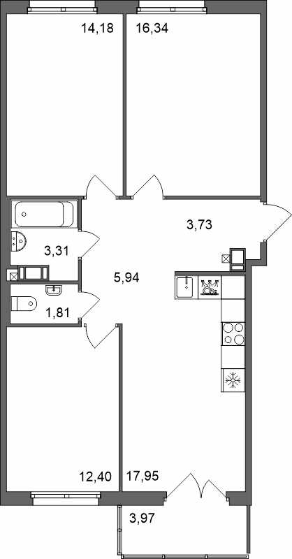 4-комнатная (Евро) квартира, 77.2 м² в ЖК "Счастье 2.0" - планировка, фото №1