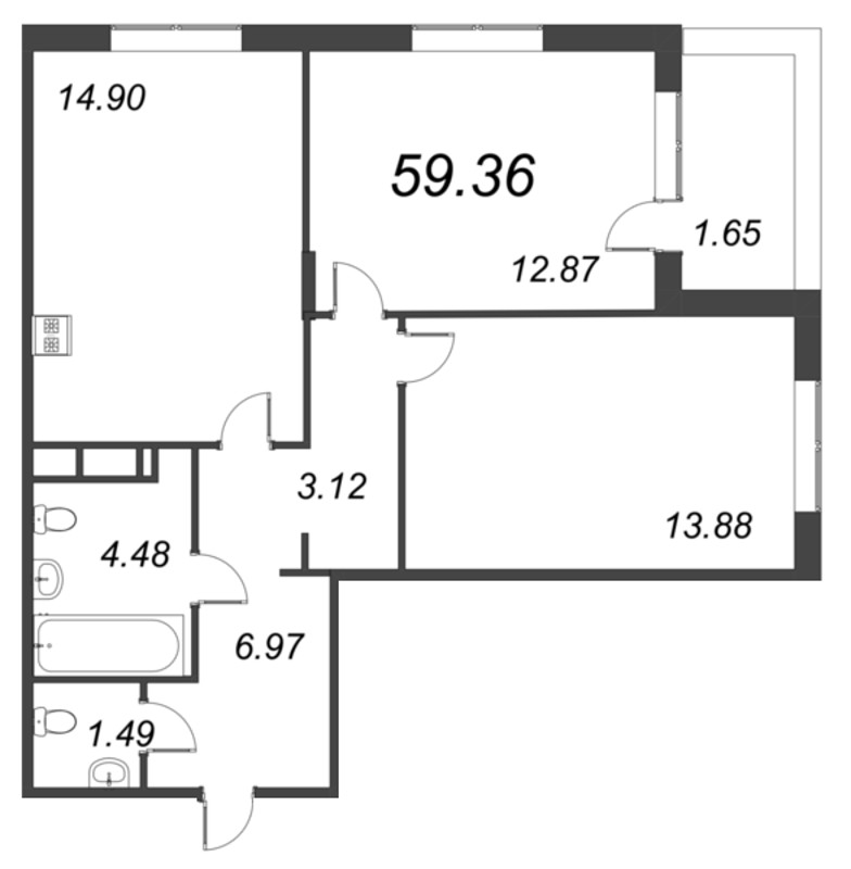 3-комнатная (Евро) квартира, 59.36 м² в ЖК "VEREN NORT сертолово" - планировка, фото №1