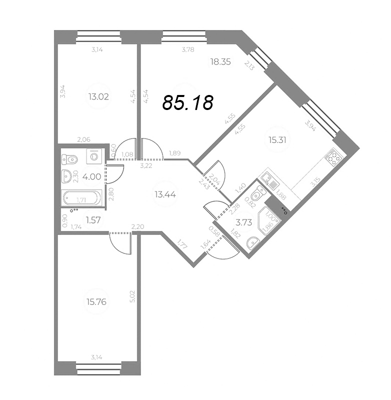 4-комнатная (Евро) квартира, 85.18 м² в ЖК "Огни Залива" - планировка, фото №1