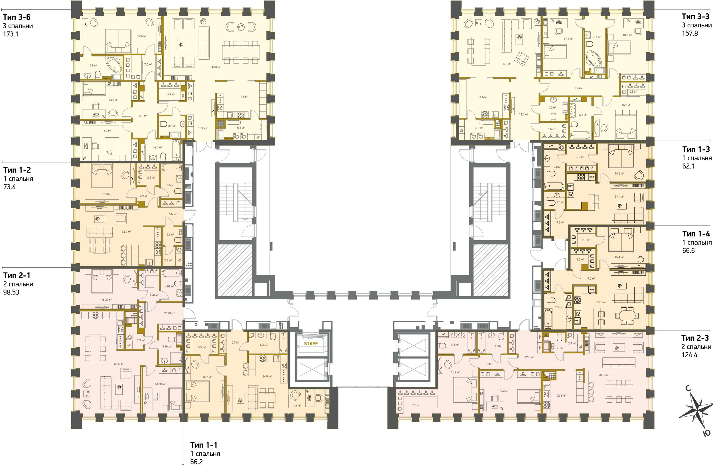3-комнатная (Евро) квартира, 124.4 м² в ЖК "Legenda Premium Институтский, 16" - планировка этажа