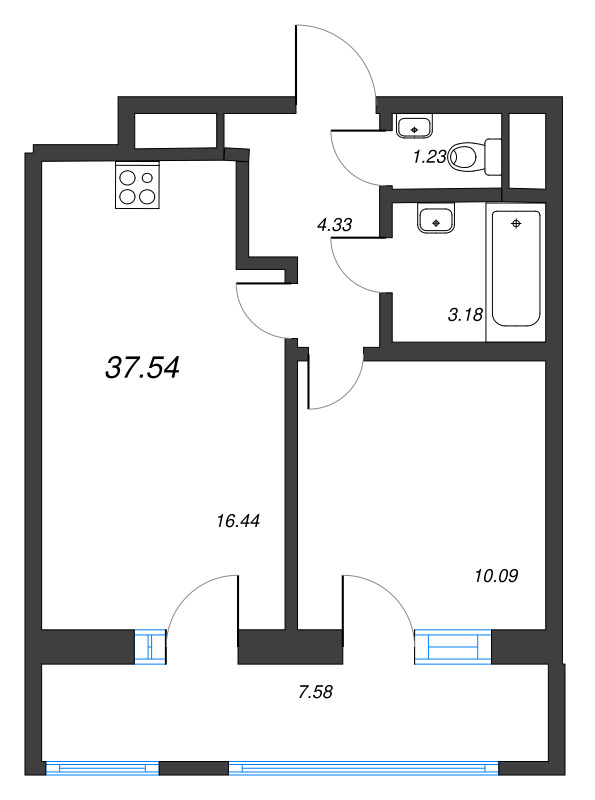 2-комнатная (Евро) квартира, 37.54 м² в ЖК "Искра-Сити" - планировка, фото №1