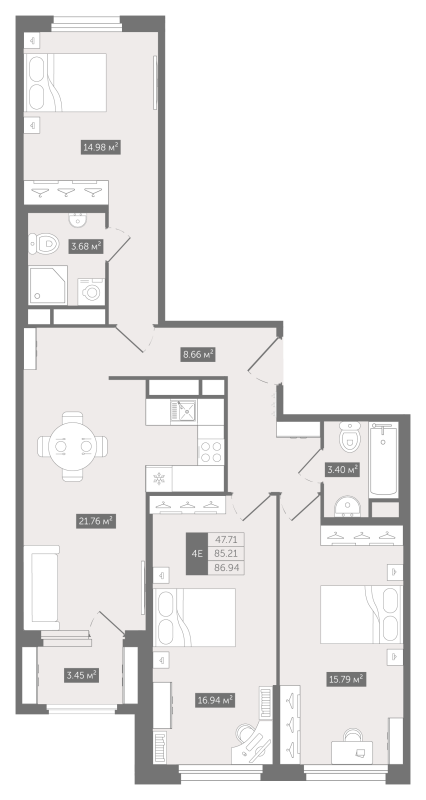 4-комнатная (Евро) квартира, 86.94 м² в ЖК "UP-квартал "Воронцовский"" - планировка, фото №1