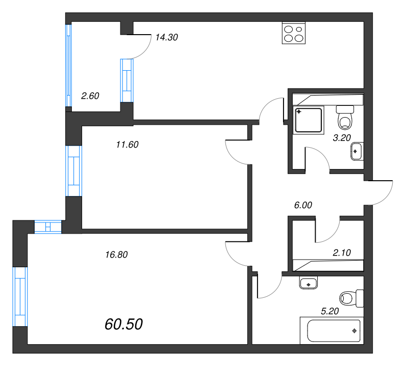 2-комнатная квартира, 60.5 м² в ЖК "Тайм Сквер" - планировка, фото №1