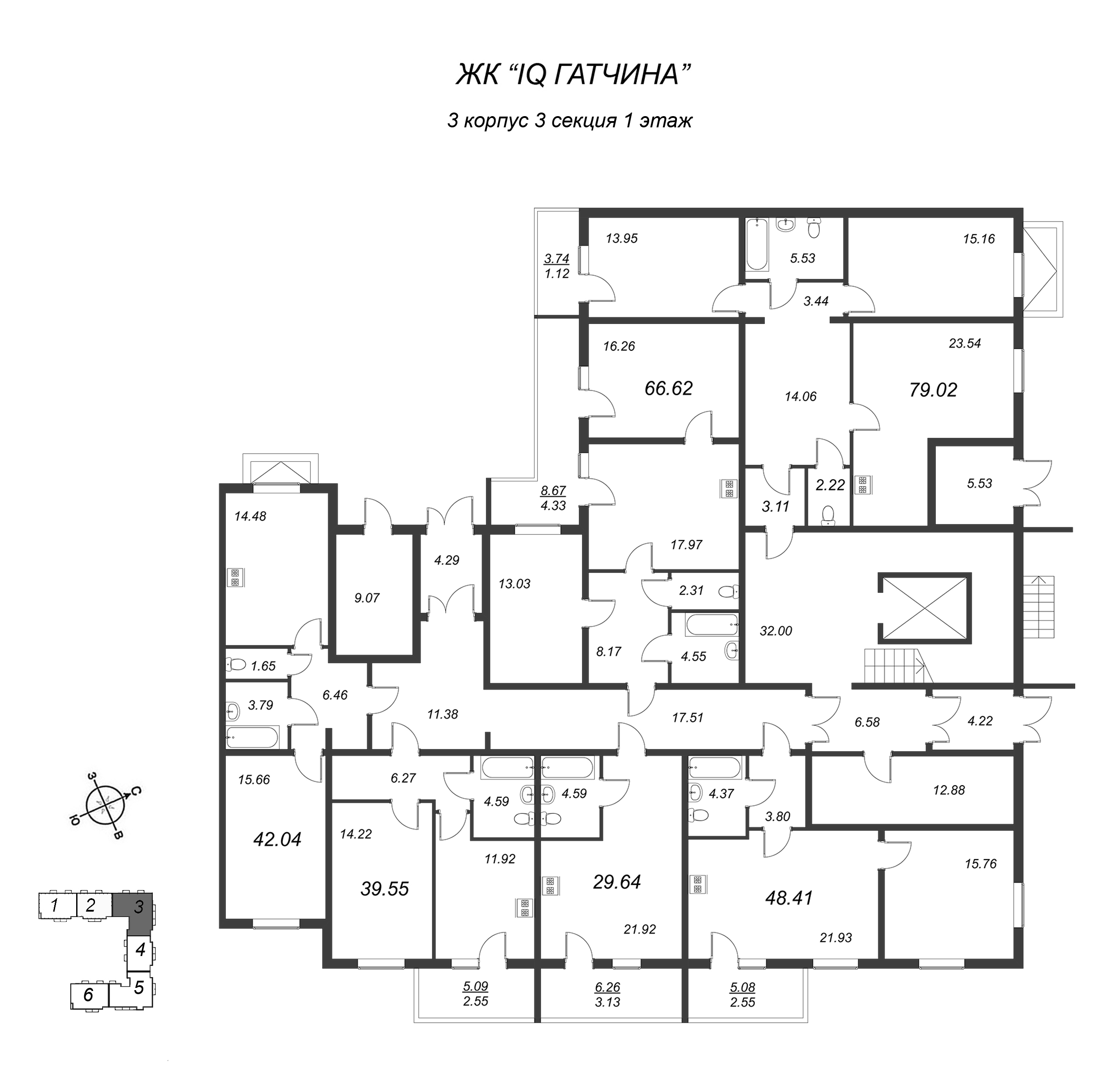2-комнатная квартира, 62.29 м² в ЖК "IQ Гатчина" - планировка этажа