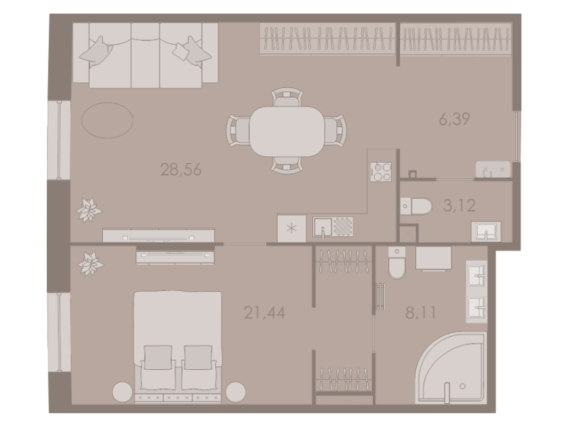 2-комнатная (Евро) квартира, 66.8 м² в ЖК "Северная корона" - планировка, фото №1