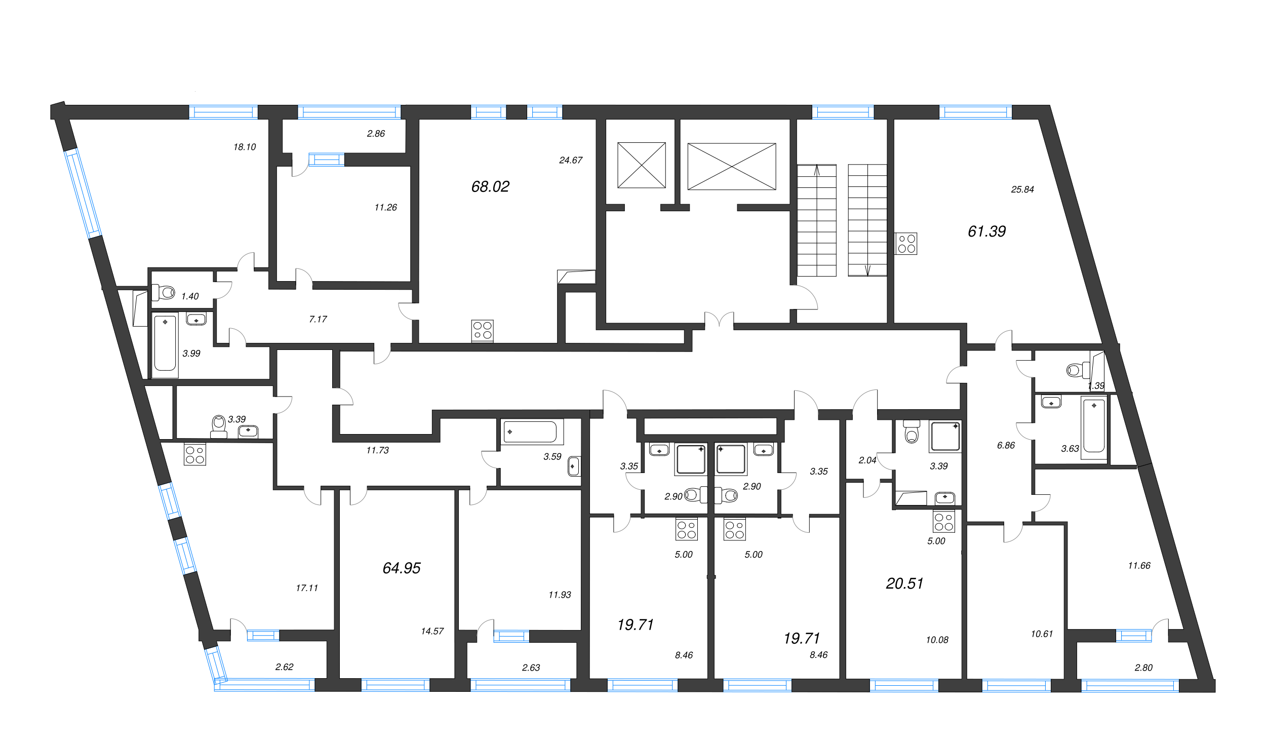 3-комнатная (Евро) квартира, 68.02 м² - планировка этажа