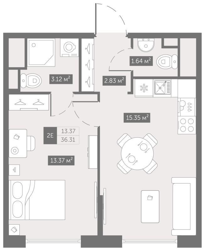 2-комнатная (Евро) квартира, 36.31 м² в ЖК "UP-квартал Новый Московский" - планировка, фото №1